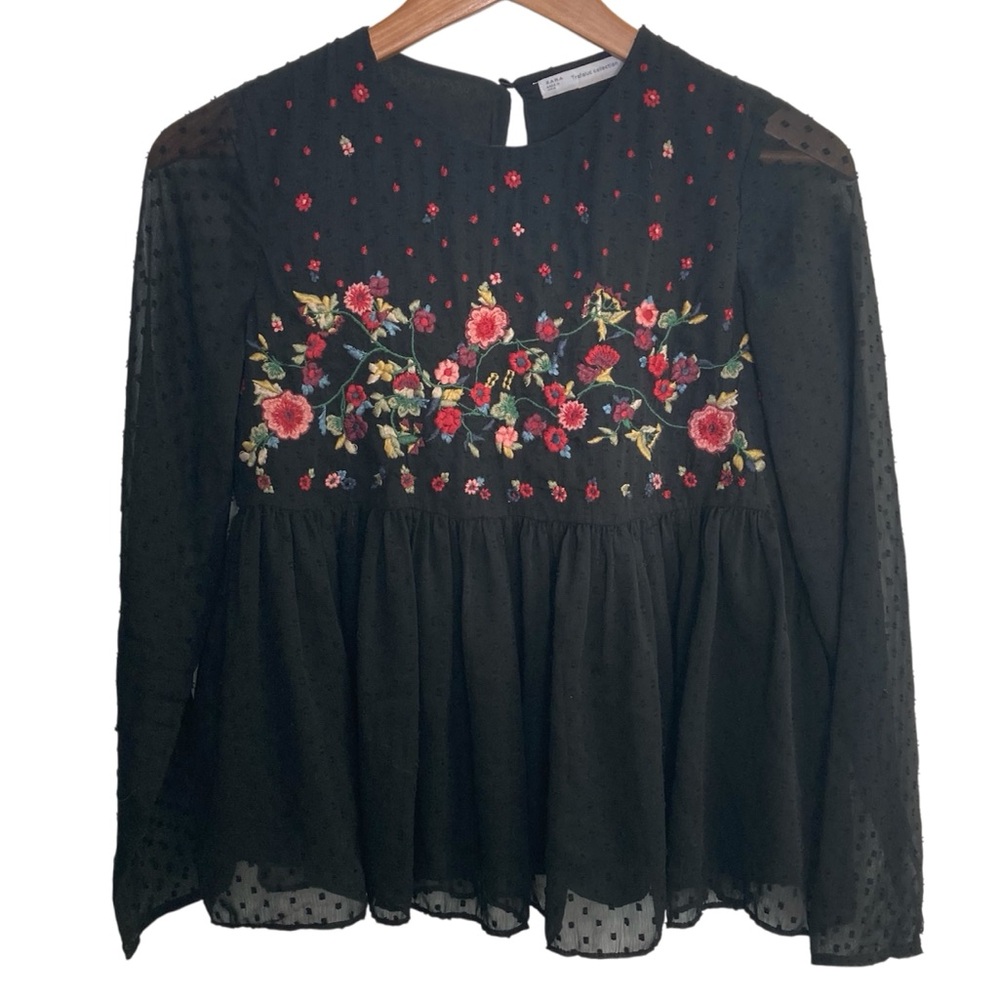 Zara Trafaluc Collection Women’s XS Black Top Embroidered Babydoll Open Back Tie